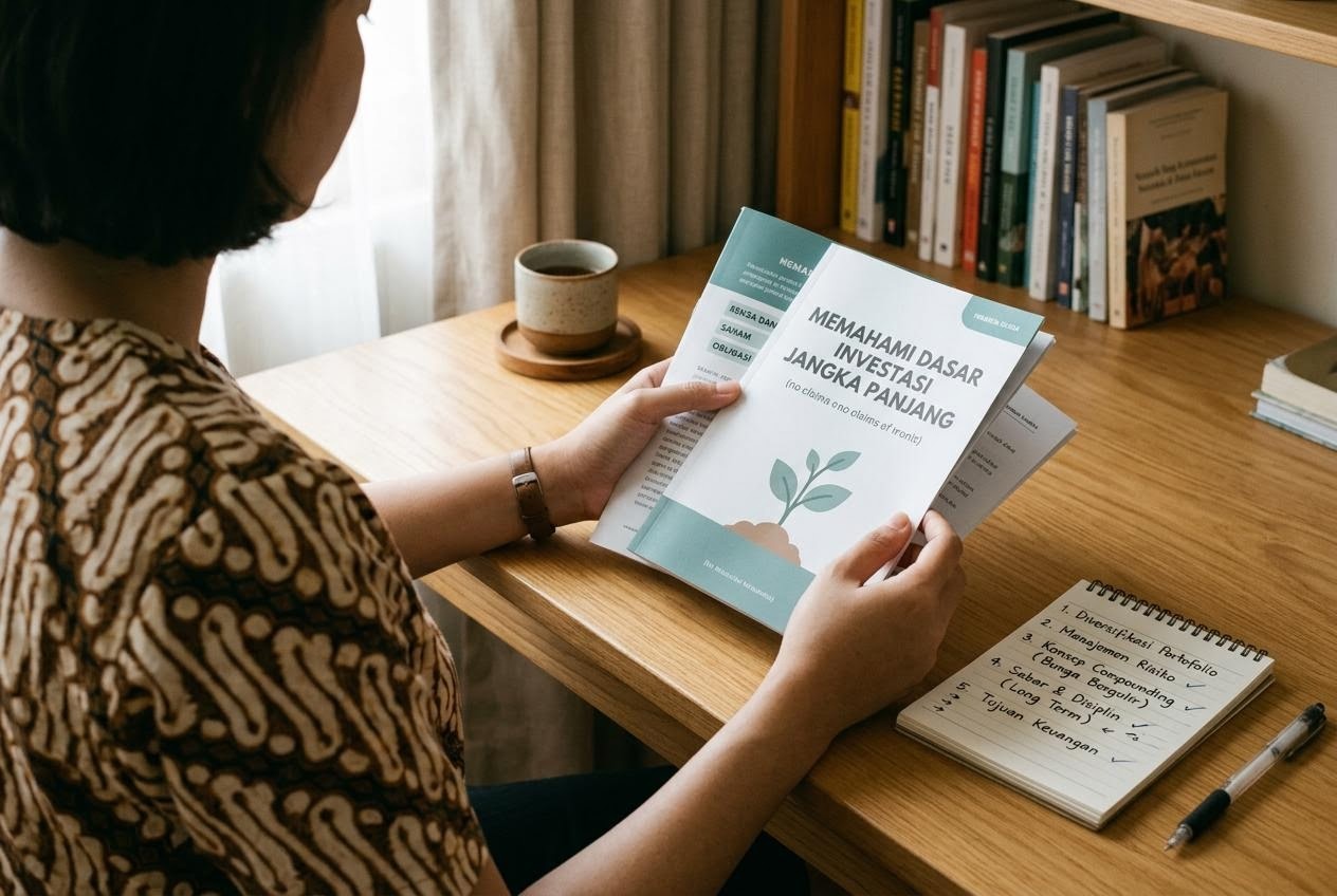 Seseorang membaca bahan literasi keuangan dengan catatan dan buku referensi di sampingnya